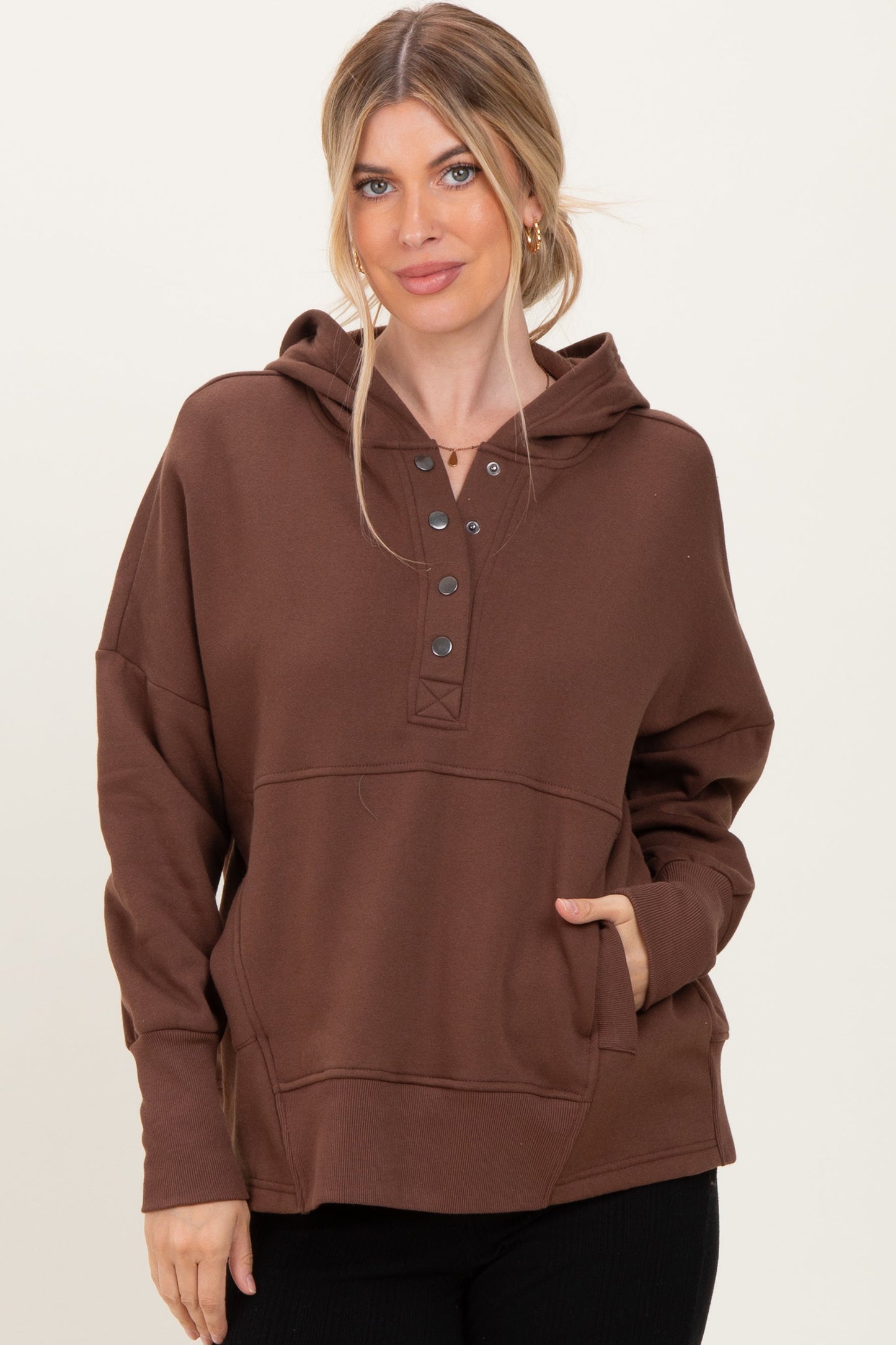 Brown Fleece Snap Button Maternity Hoodie