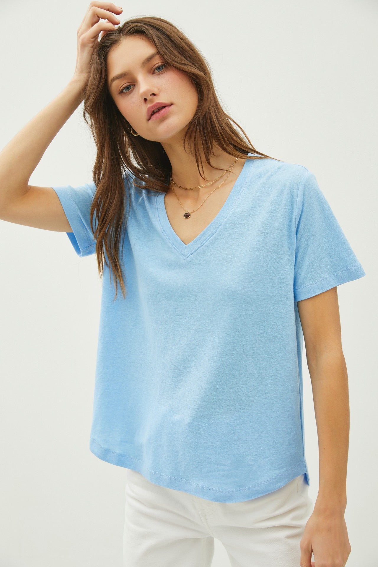 Sky Linen Blend V-Neck Short Sleeve Maternity T-Shirt