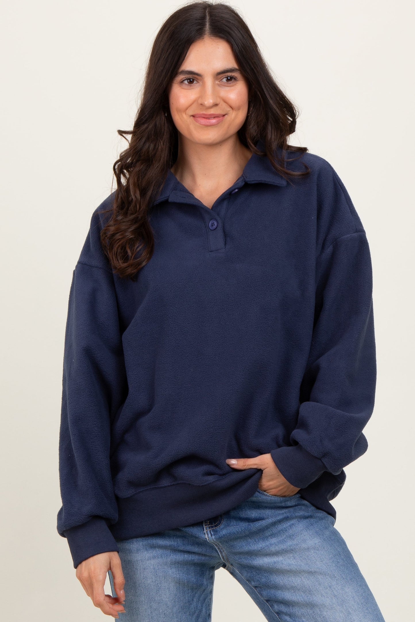 Navy Fleece Collared Button Up Maternity Pullover