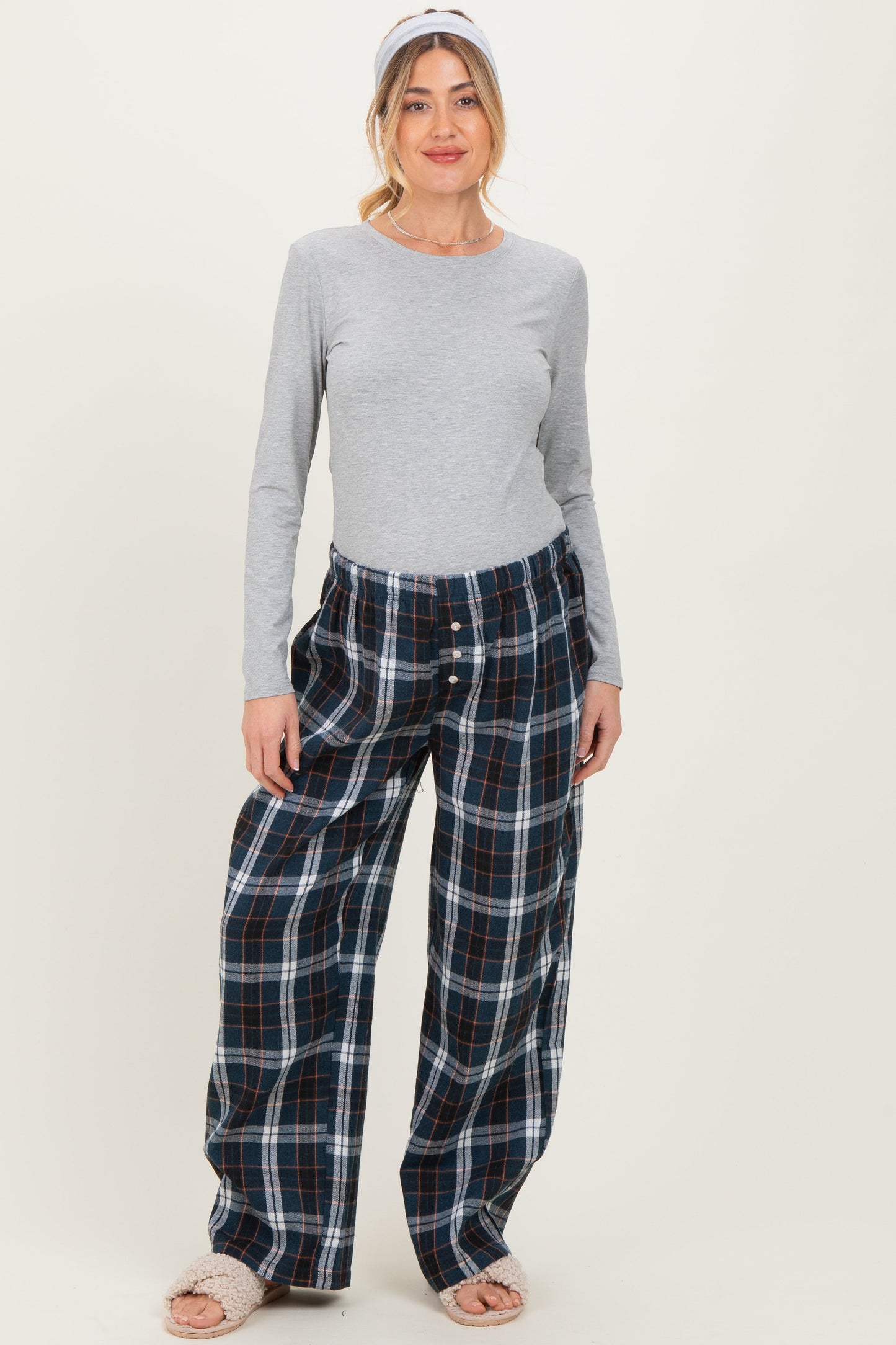 Navy Plaid Wide Leg Maternity Lounge Pants