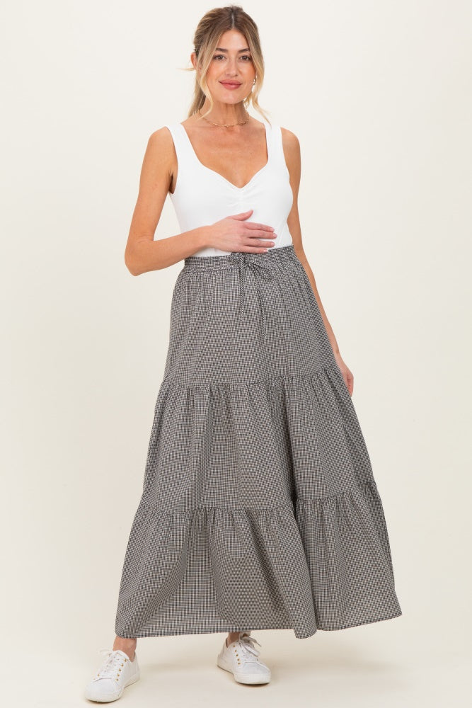 Black Gingham Tiered Maternity Maxi Skirt