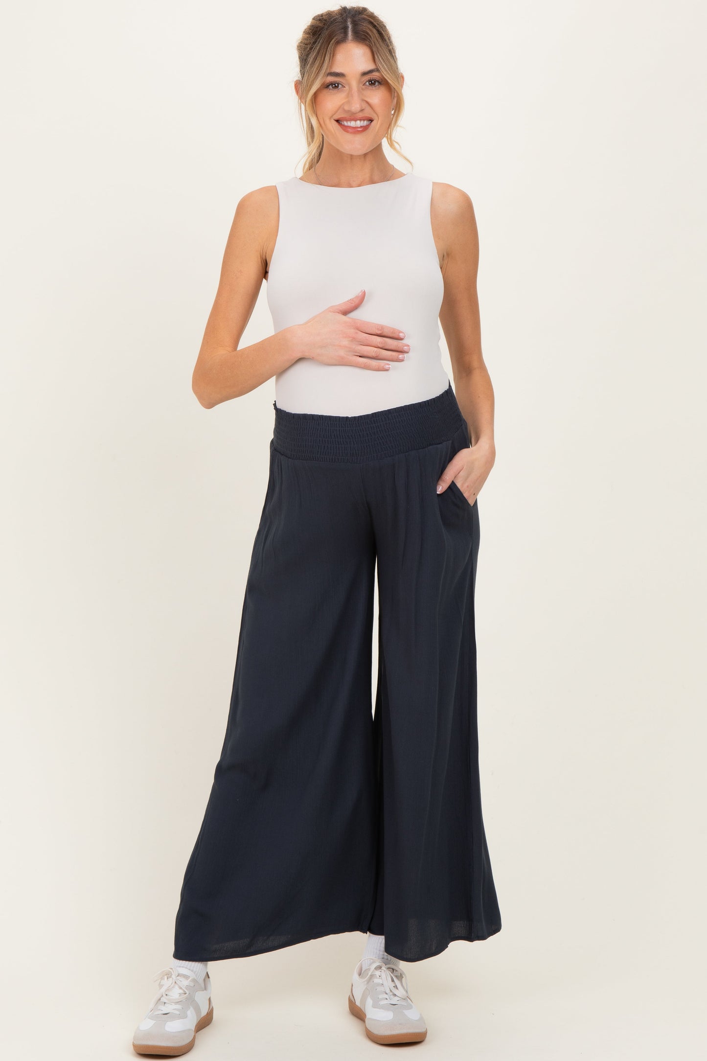 Navy Smocked Waist Ankle Wide Leg Maternity Pants