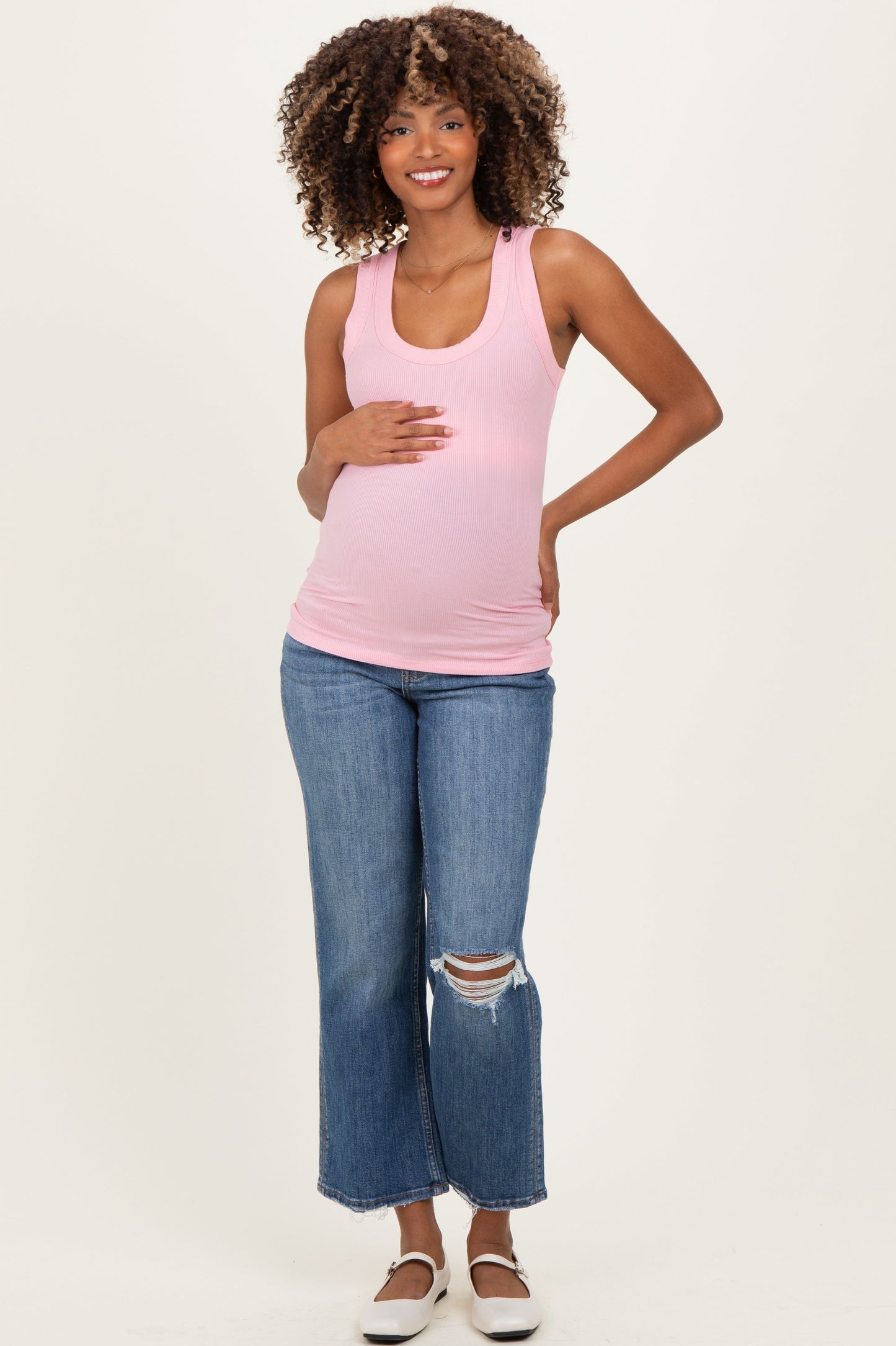 Pink Ribbed Scoop Neck Maternity Tank Top