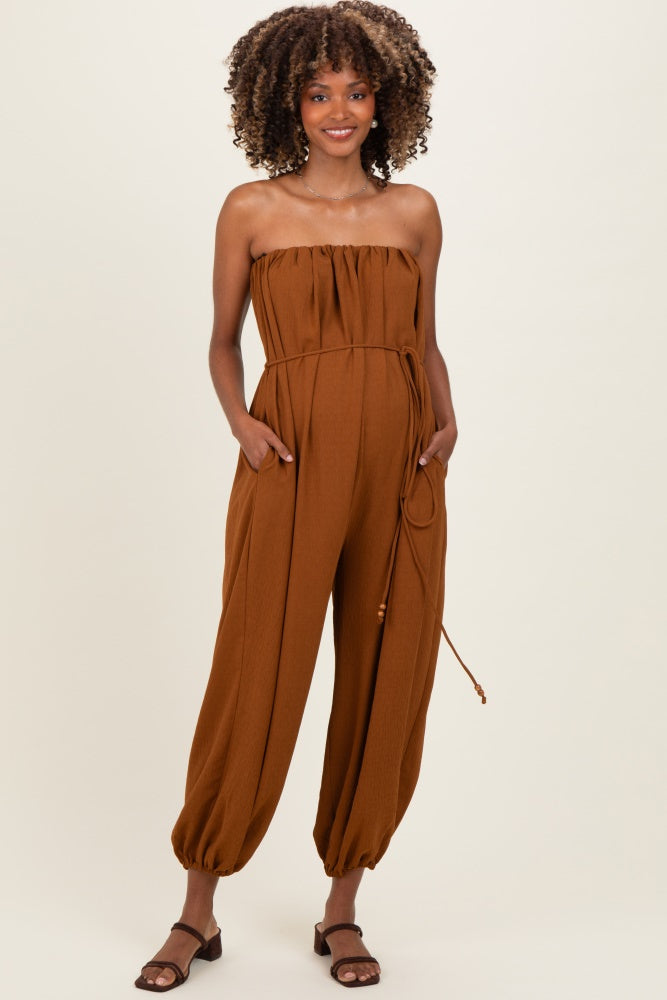 Sepia Strapless Waist Tie Maternity Jumpsuit