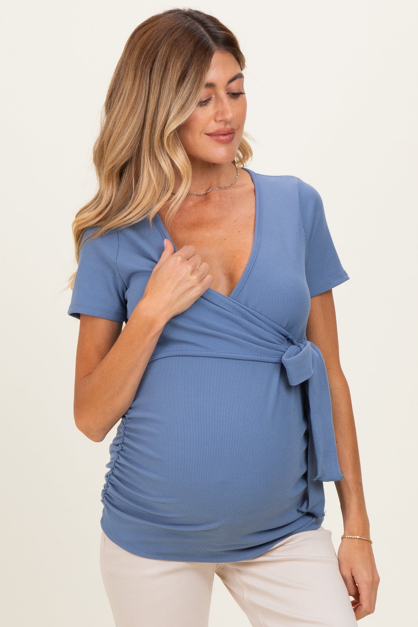 Light Blue Wrap Front Tie Maternity/Nursing Top
