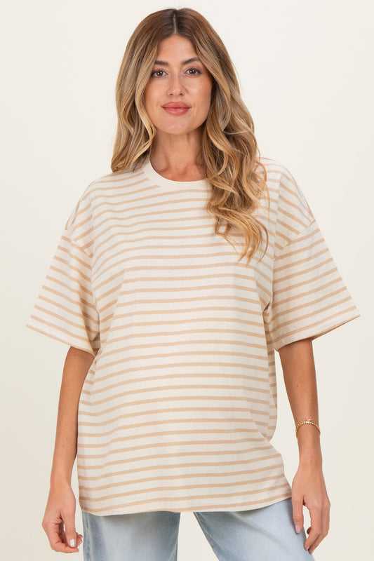 Taupe Striped Short Sleeve Crew Neck Oversized Cotton Maternity Top
