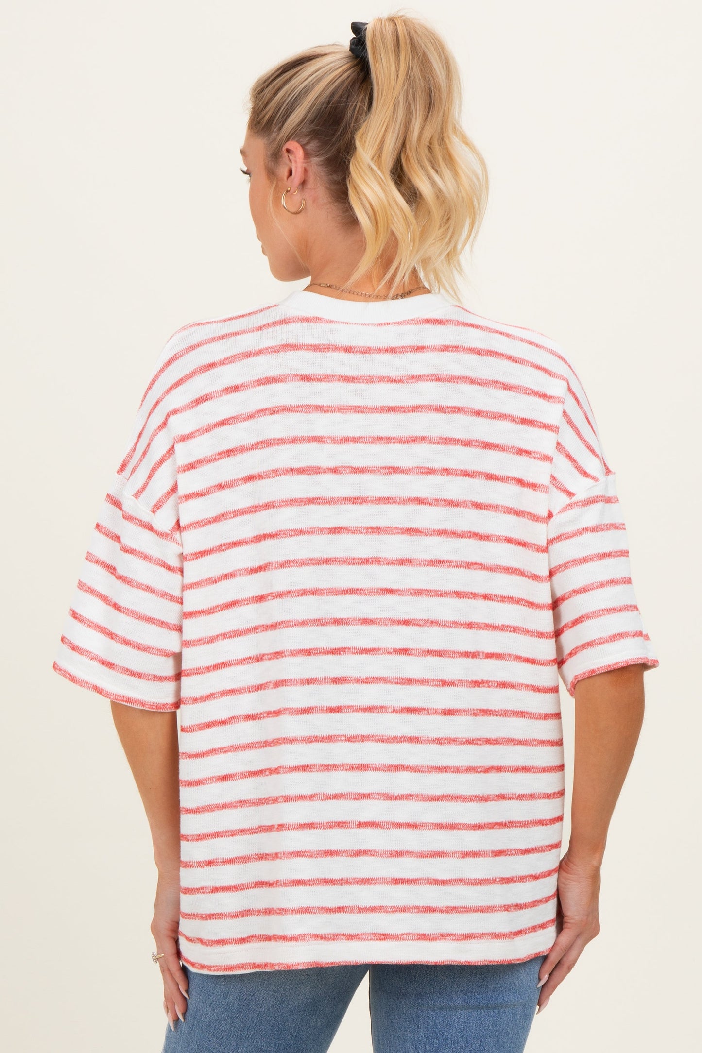 Red Oversized Striped Maternity Short Sleeve Top
