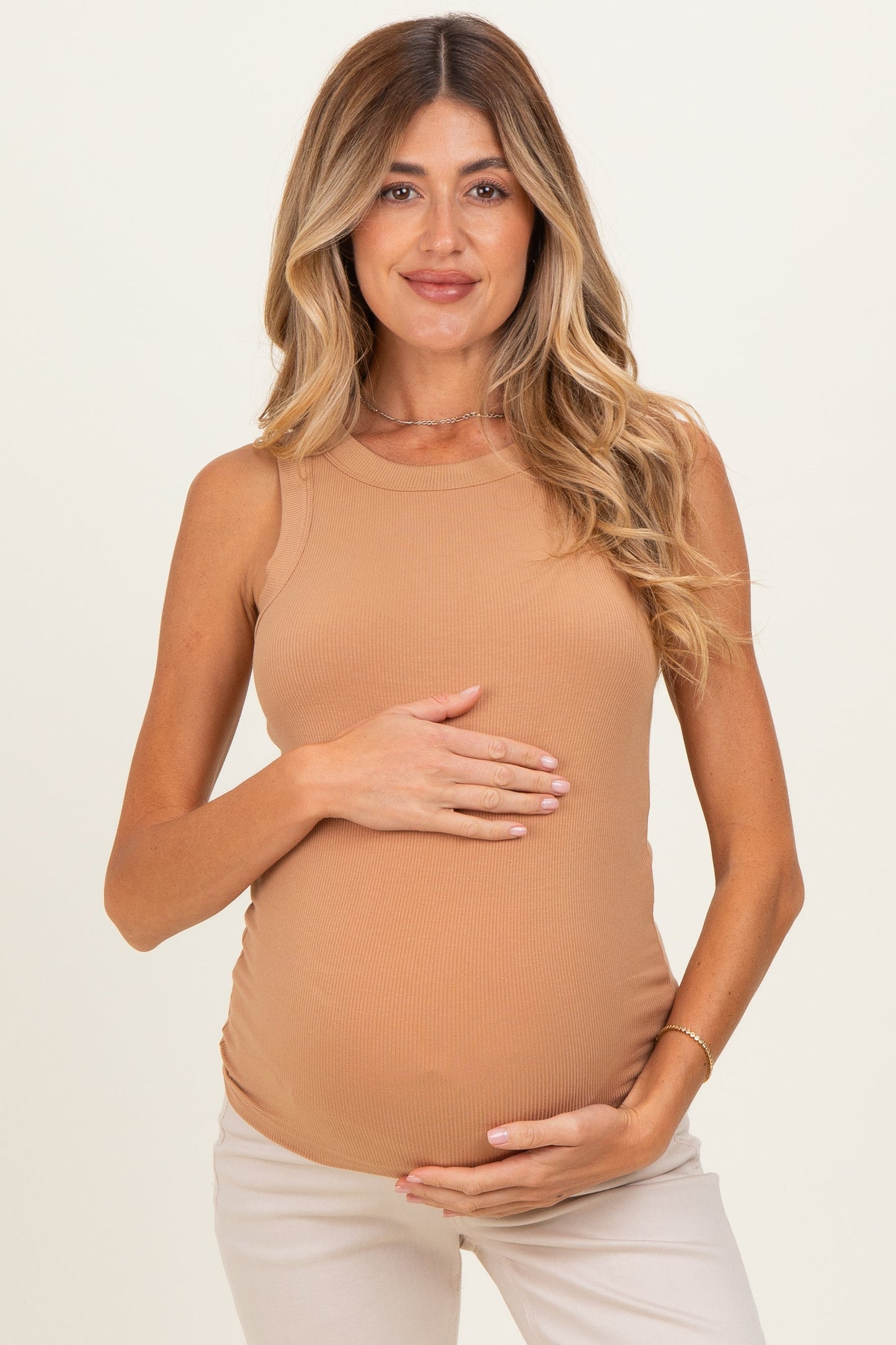 Camel Ribbed High Neck Maternity Tank Top