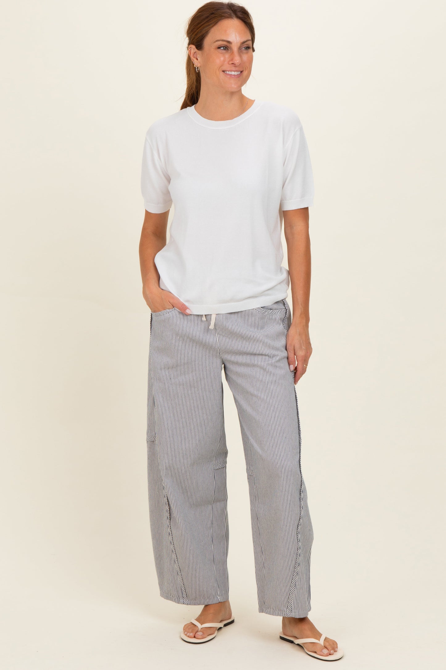 Off White Striped Relaxed Fit Maternity Pants