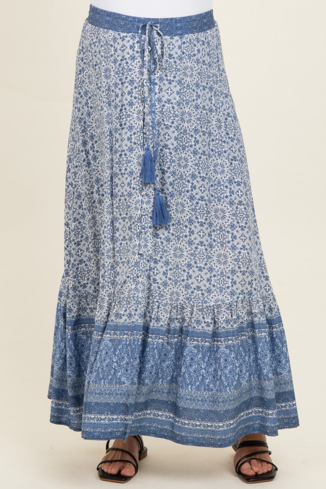 Blue Boho Print Drawstring Smocked Waist Maternity Maxi Skirt