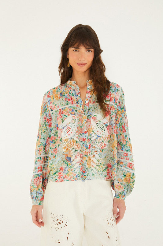 Multicolor Rendeira Cutwork Long Sleeve Blouse