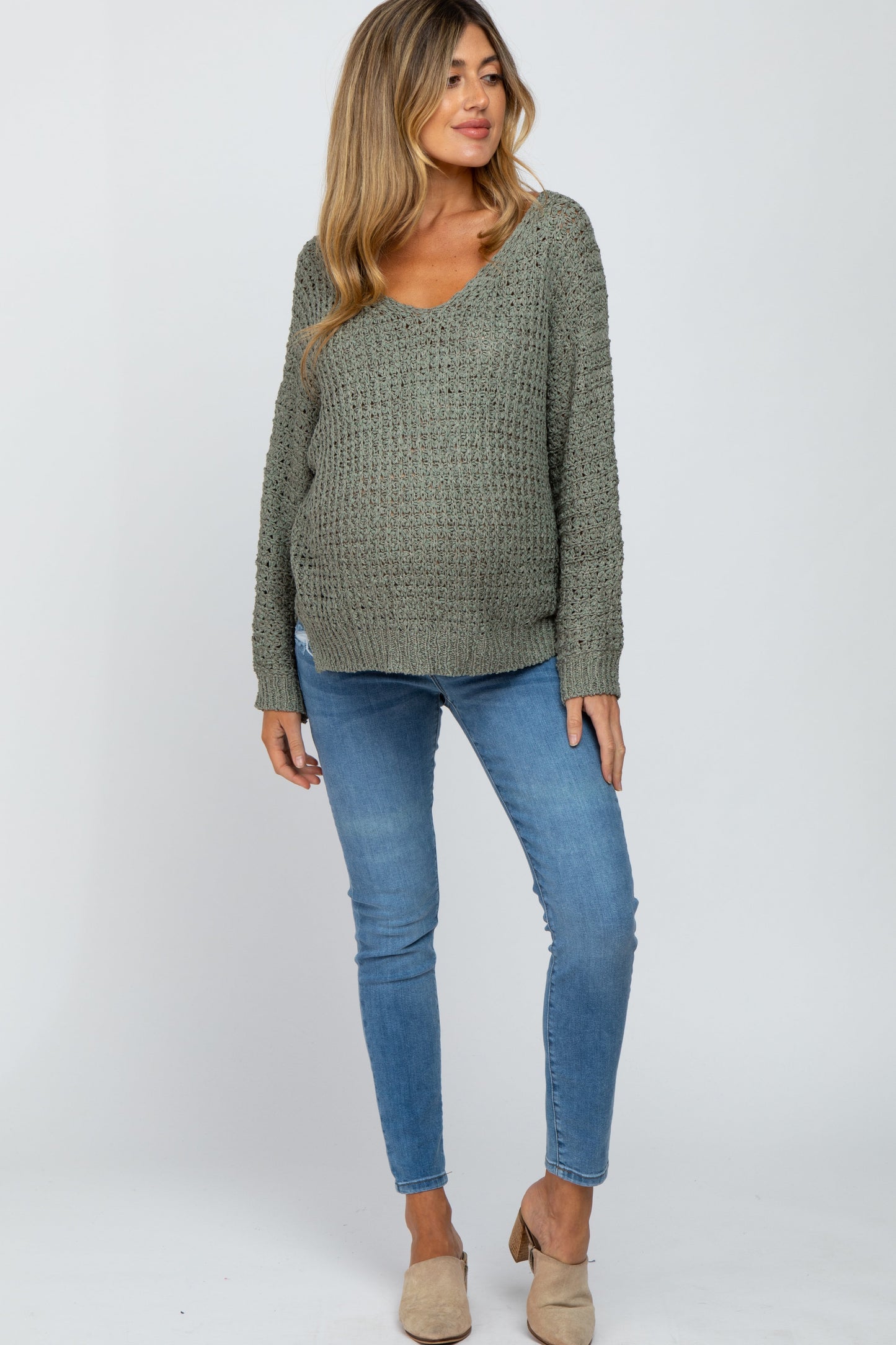 Olive V-Neck Side Slit Thick Knit Maternity Sweater