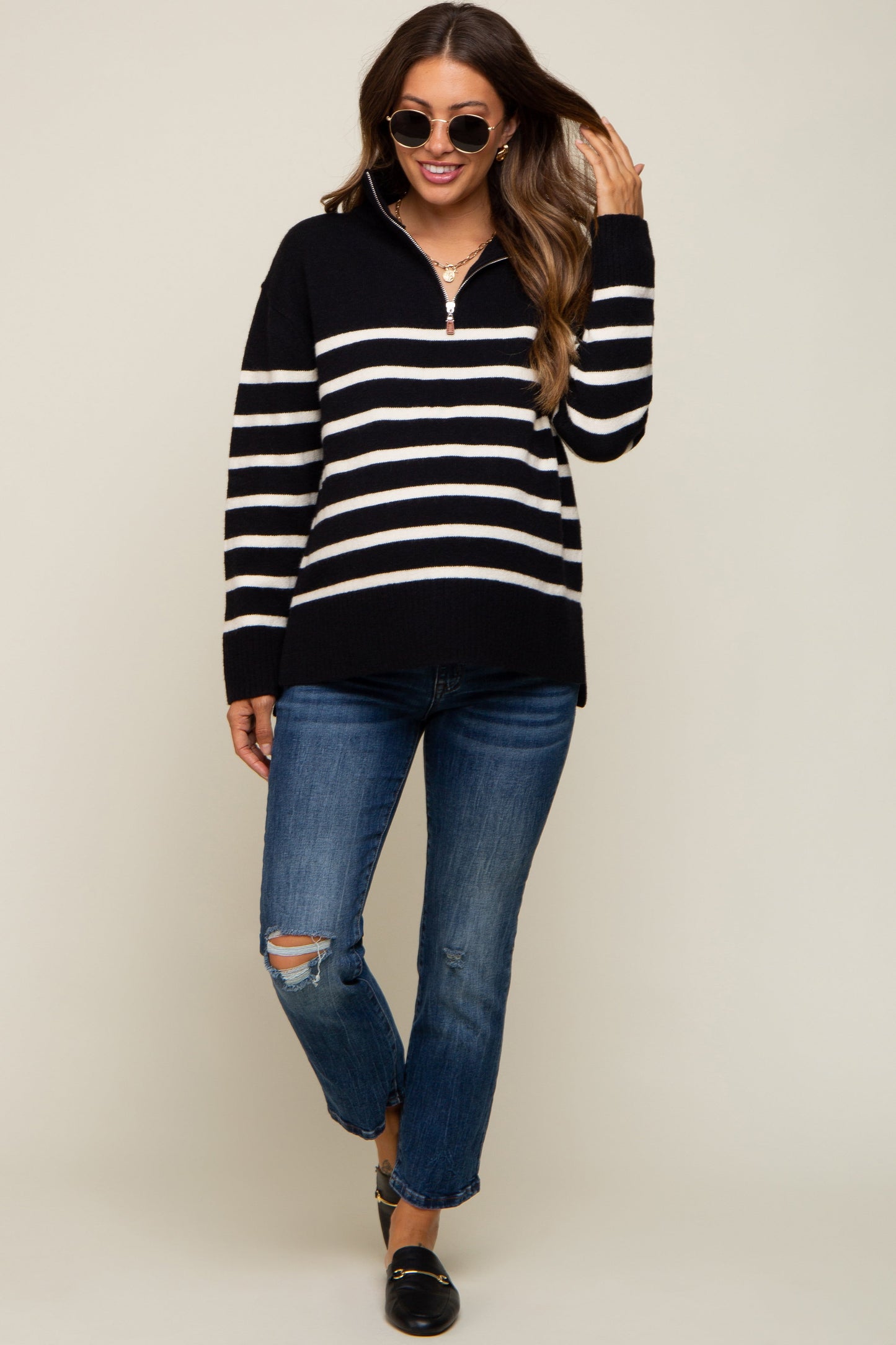 Black Striped Half Zip Maternity Sweater