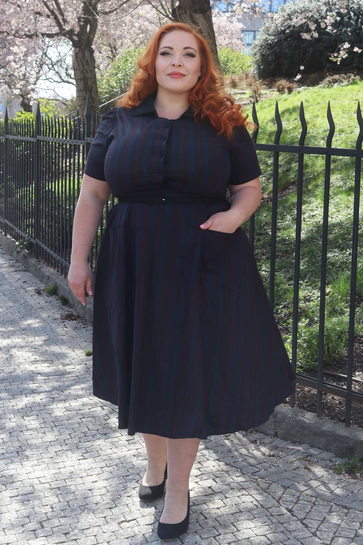 Mabel Rockabilly Striped Shirt Dress In Navy Blue
