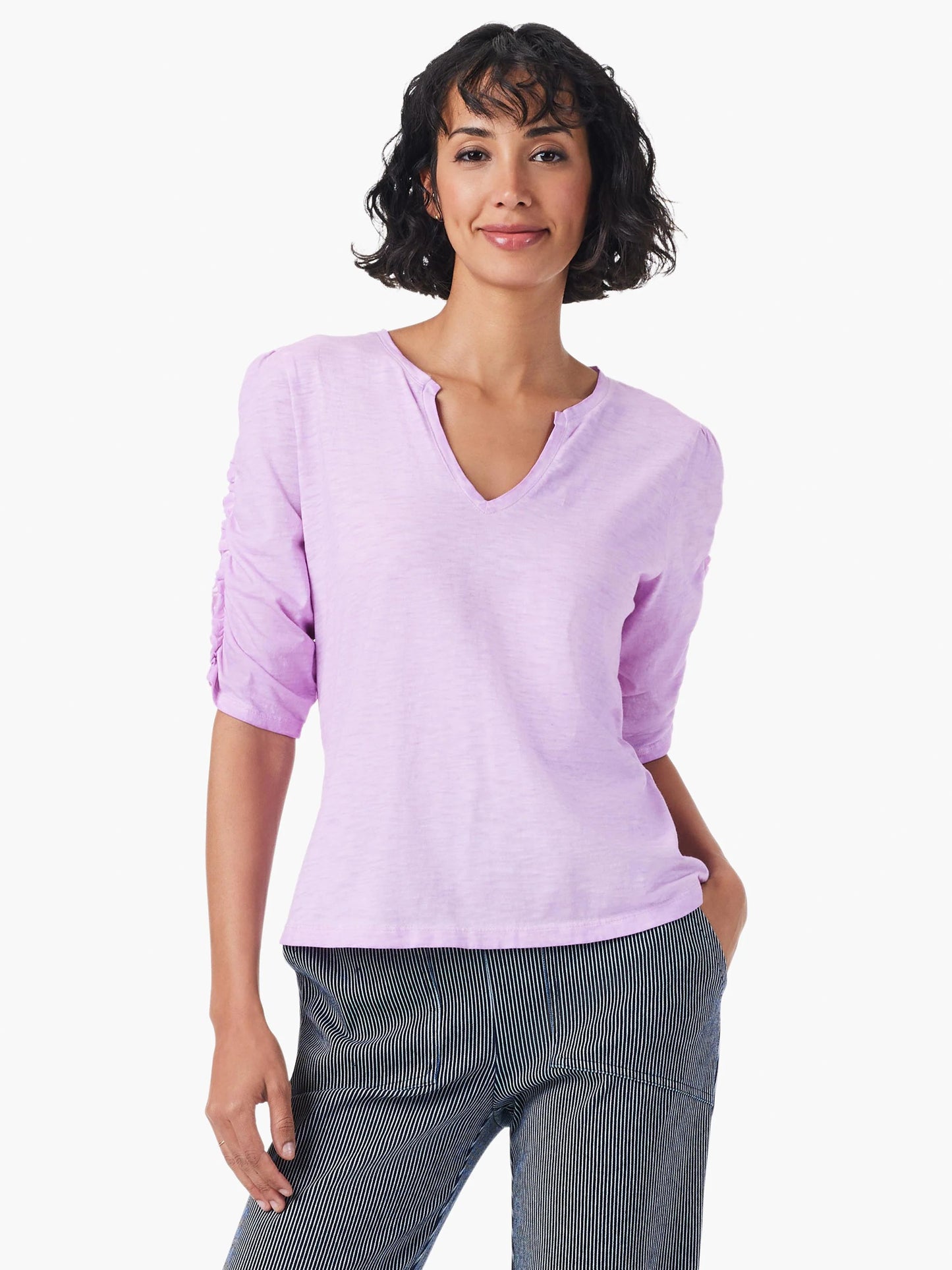 NZT Ruched Elbow Sleeve Split Neck Top