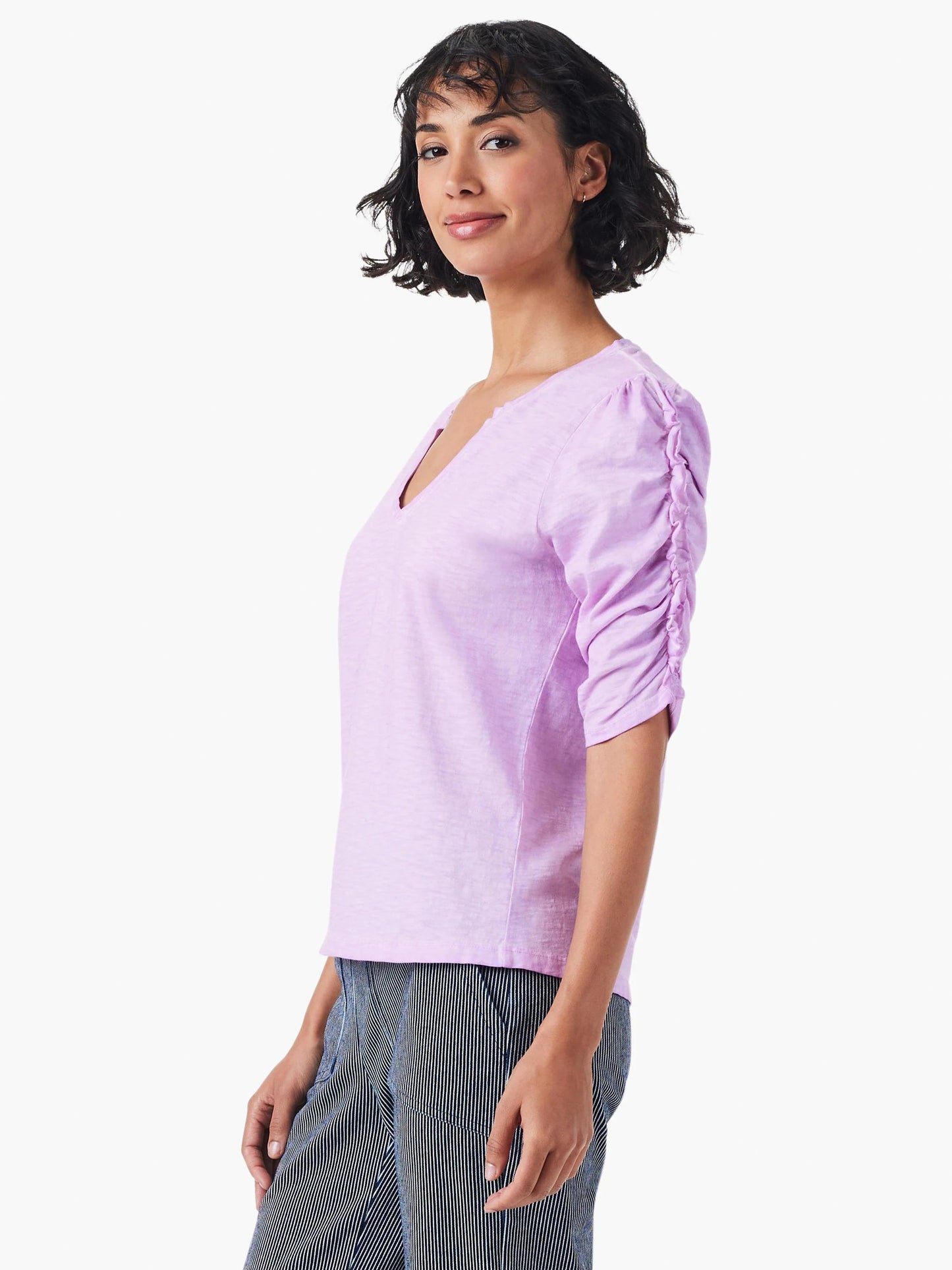 NZT Ruched Elbow Sleeve Split Neck Top