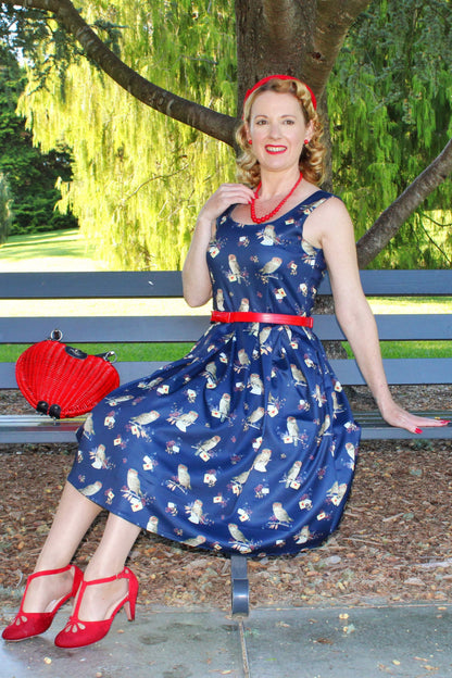 Amanda Owl & Letter Swing Dress in Dark Blue