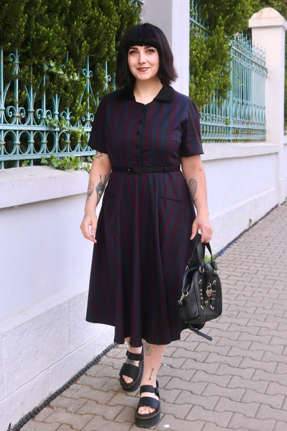 Mabel Rockabilly Striped Shirt Dress In Navy Blue