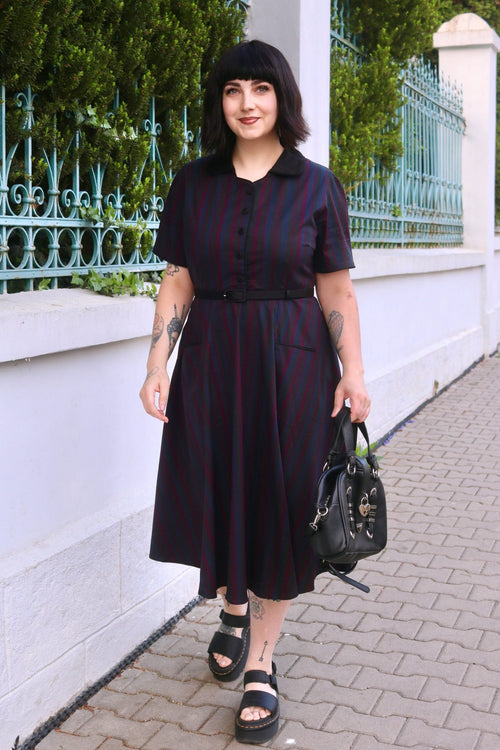 Mabel Rockabilly Striped Shirt Dress In Navy Blue