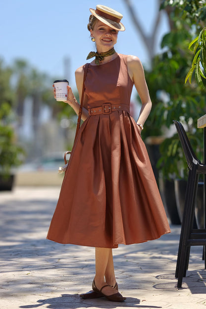 Helen Brown Cotton Sleeveless Midi Dress