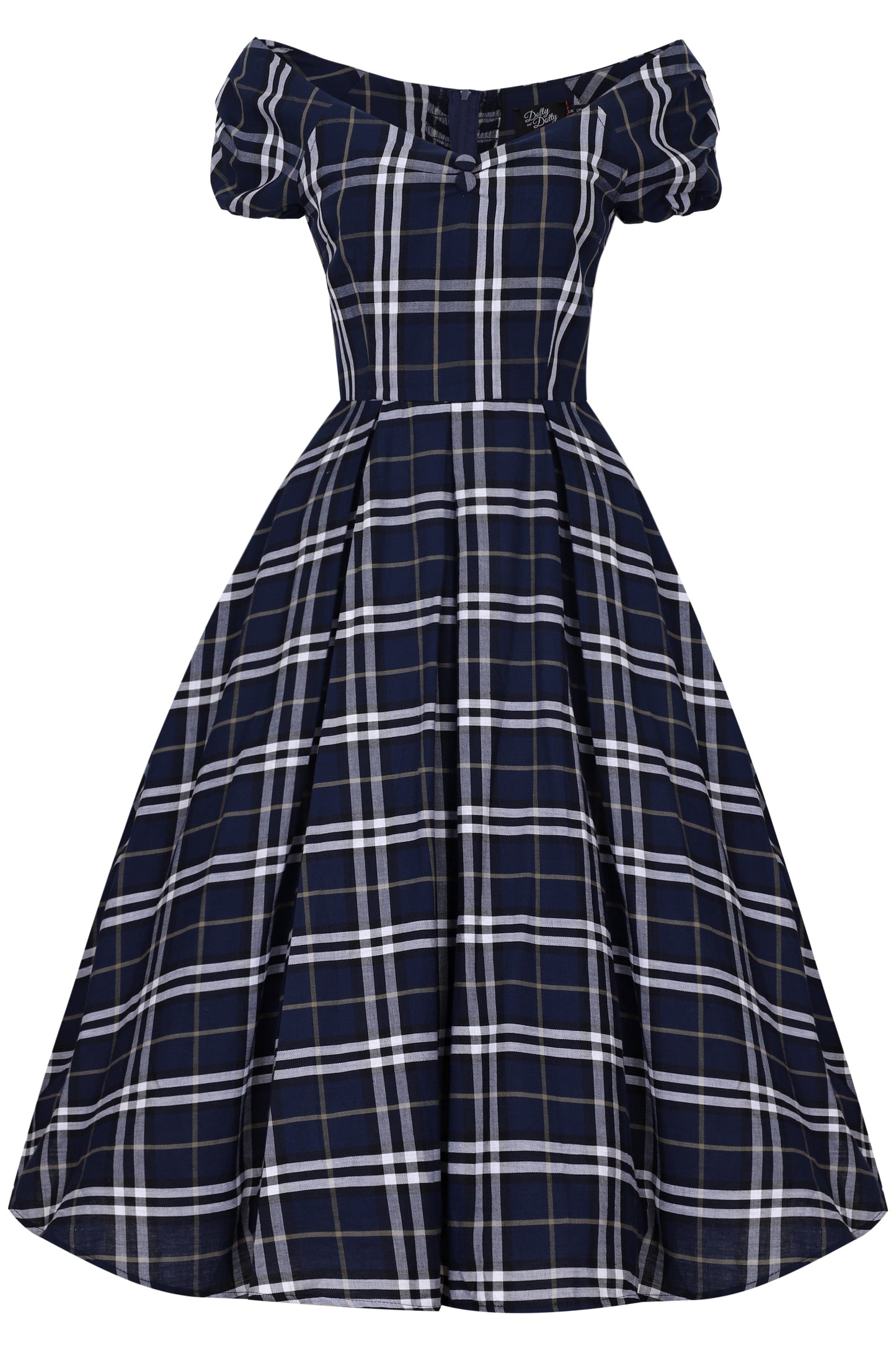 Lily Dark Blue Tartan Off Shoulder Swing Dress