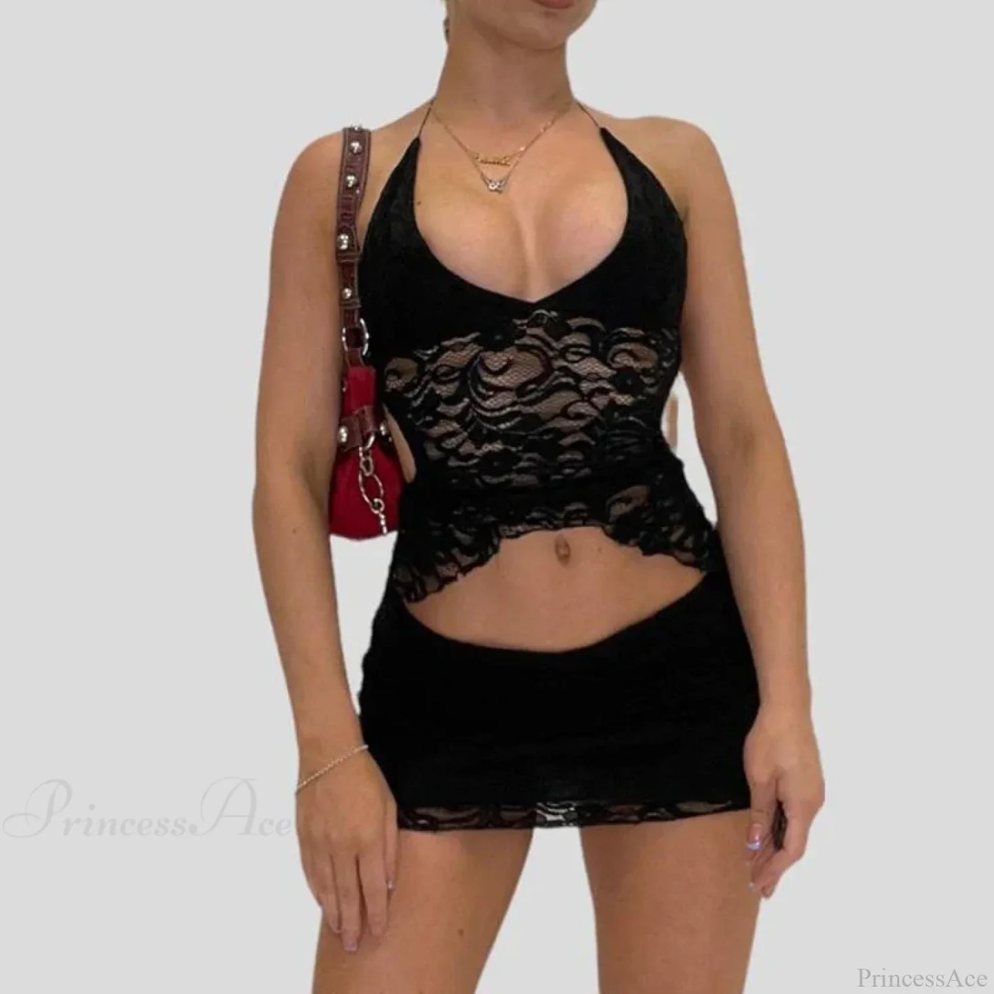 Chic V Neck Halter Tie-Up Bandage Crop Top Mini Pencil Skirt Two Pieces Set